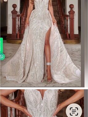 Portia and Scarlett Beaded V-Neck Prom Gown in Light Champagne